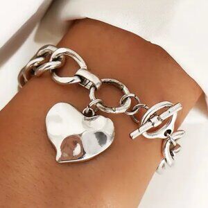 Silvery Heart Pendant Chain Bracelet | Simple Style, Alloy Material, Daily Occa